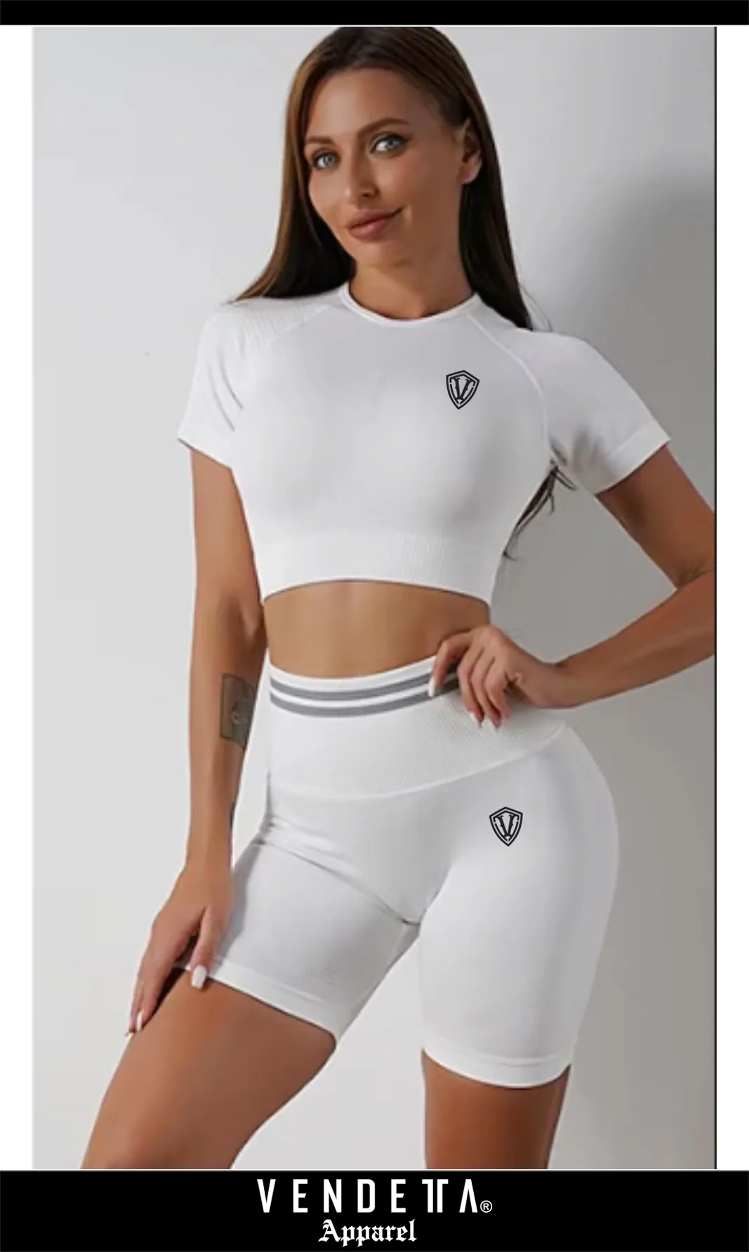 SET / Kraťasy Bezšvové + CROP Dámske / Vysoký Pás / Shorts Push UP + TOP / Biela / v1678) - Image 1