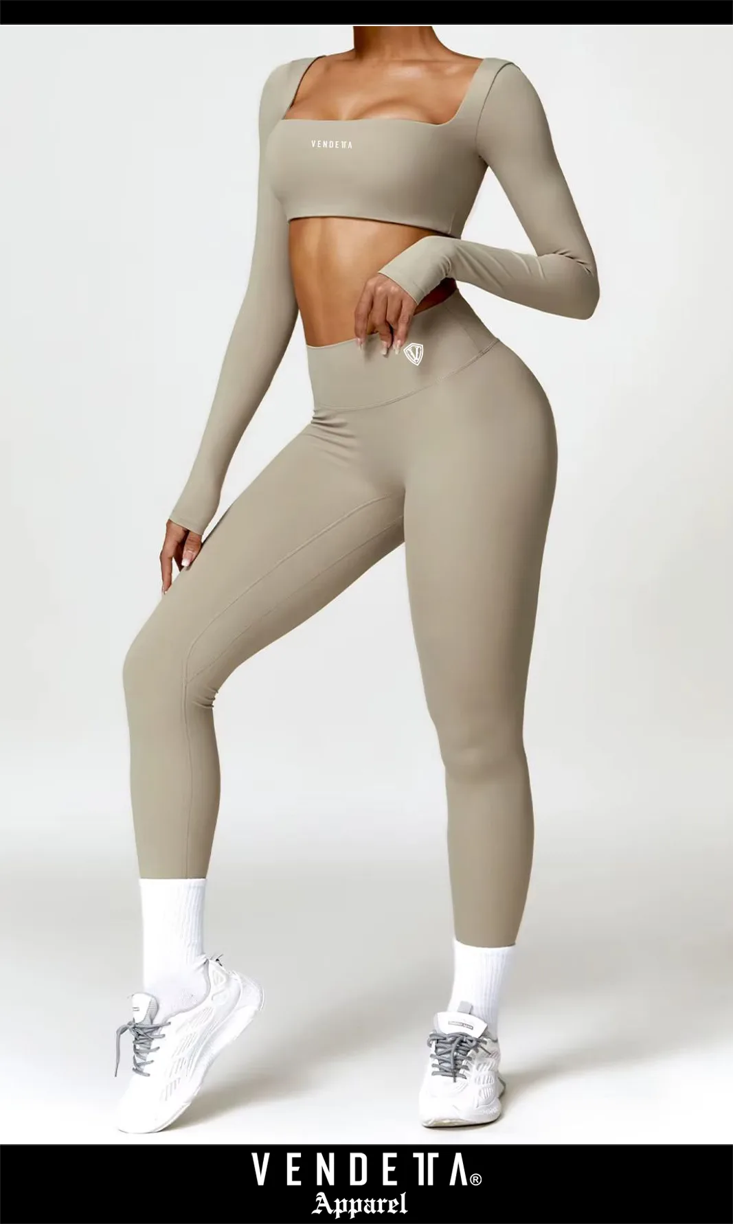 v1753 brown__a Leginy + Crop - Súprava Dámska / leggings push up - Crop SET / Hnedá - Béžová / v1753 – Obrázok 1